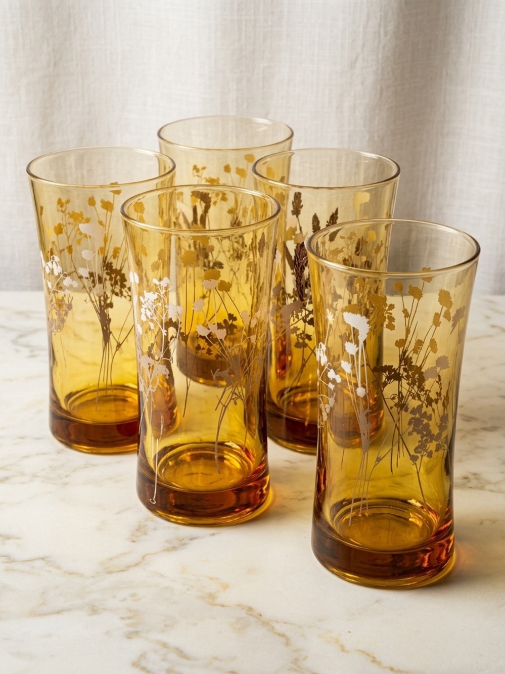Vintage Mid-Century Amber Glass Wildflower Tumblers Set of 4 Gold and White